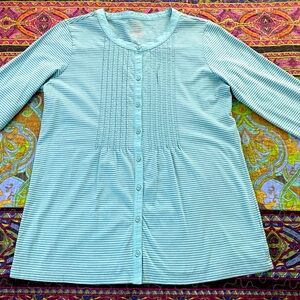 L.L. Bean Aqua Tee w/ darker aqua horizontal stripes and pin tucked bib
